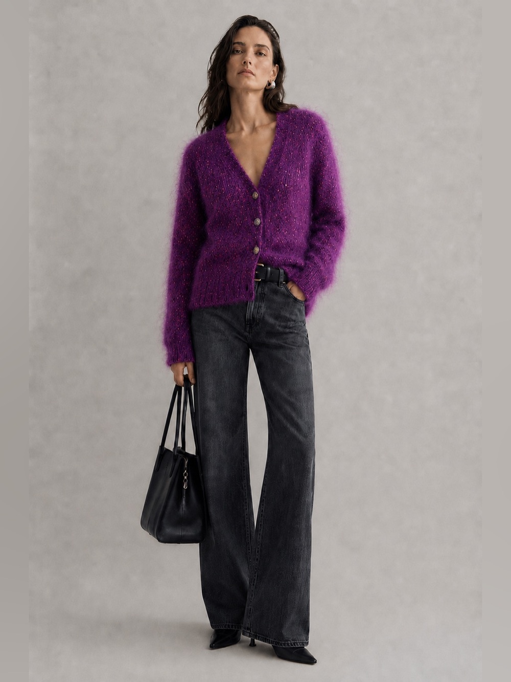 Vintage Casual Corner Purple Mohair Wool Donegal Speckle Cardigan Coin Buttons M